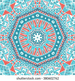 Seamless ornamental pattern of circular ornaments. Doily lace round ornament. Blue winter background