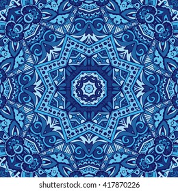 Seamless ornamental pattern of circular ornaments. Doily lace round ornament in the style of Chinese painting on porcelain. Blue winter background