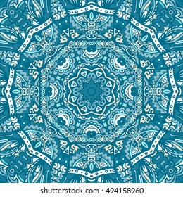 Seamless ornamental pattern of circular ornaments. Doily lace round ornament in the style of Chinese painting on porcelain. Blue winter background