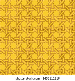 Seamless ornamental pattern in classical style of woven stripes with free eight-pointed star-shaped space between them in golden coloring in vector.