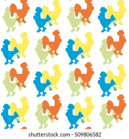Seamless ornamental pattern composed of silhouettes of colorful roosters on a light background.