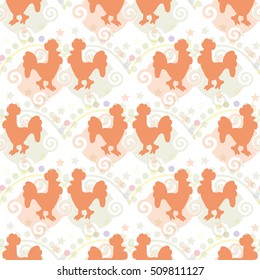 Seamless ornamental pattern composed of silhouettes of the red roosters on a fictional fantasy background.
