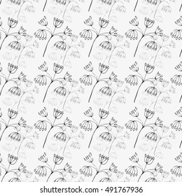 Seamless ornamental pattern consisting of outlines of plants, located on the grey background.