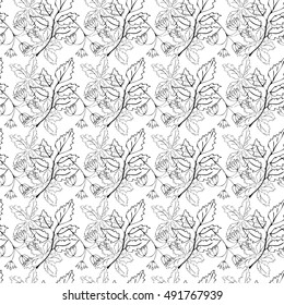 Seamless ornamental pattern consisting of outlines of plants, located on a light background.