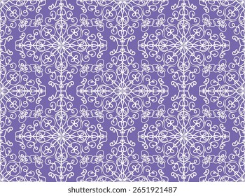 Padrão ornamental sem costura com delicados elementos brancos paisley no fundo violeta. Estilo de renda decorativo para têxteis, papel de parede, envoltório de presente, artigos de papelaria, feminino e vintage projetos.