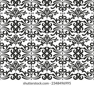 Seamless ornamental pattern for fabric, wallpaper, ceramic tile. Black and white royal abstract background. Classic damask design.