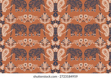 Patrón ornamental sin fisuras con elefantes decorados y motivos florales de damasco en tonos cálidos y terrosos. Diseño de inspiración india Boho ideal para Fondo de pantalla, textiles, tela, papel de regalo y decoración del hogar.