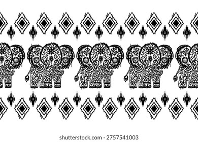 Seamless ornamental pattern featuring decorated elephants and floral damask motifs in warm earthy tones. Boho Indian inspired design ideal for wallpaper, textiles, fabric, wrapping paper, and home decor.