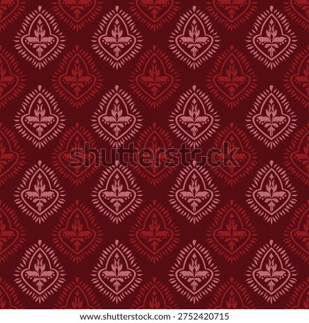 Seamless ornamental pattern featuring elegant damask-inspired motifs in deep red and soft pink tones. The repeating decorative design creates a classic and sophisticated textile style, suitable for fabric prints, wallpaper, wrapping paper, packaging, home decor, fashion textiles, and luxury surface pattern applications.