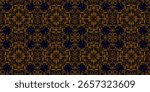 
Seamless ornamental pattern featuring intricate brown mandala-like motifs on a dark navy background. The symmetrical design evokes a vintage, ethnic feel suitable for textiles or wallpapers. Brown 
