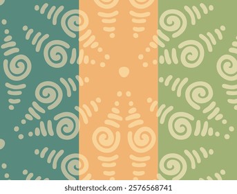 A seamless ornamental pattern featuring spirals and decorative accents in teal, orange, and green tones. Perfect for textiles, wallpapers, and creative design projects.