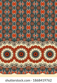 Seamless ornamental pattern with floral border in african style. Print for fabric in bright orange, dusty green and creamy white colors.