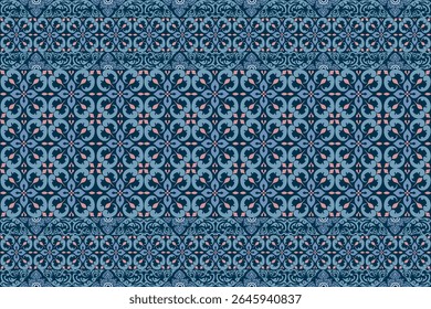 Patrón ornamental sin fisuras con motivos florales y geométricos en tonos azules. Ideal para textiles, Fondo de pantalla, azulejos, papel de regalo y proyectos de diseño decorativo de inspiración vintage