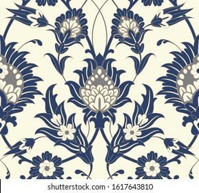 Seamless ornamental pattern with flowers and leaves. Vector template for fabric, rug, carpet, shawl. Persian medieval motifs. Floral background.
