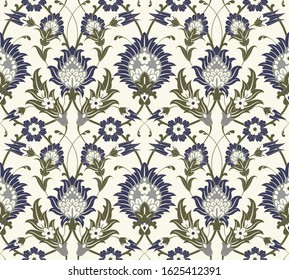 Seamless ornamental pattern with flowers and leaves. Persian medieval motifes design. Vector template for fabric, rug, carpet, etc. Floral decorative background. 