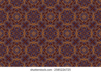 A seamless ornamental pattern with golden filigree on a dark background. Inspired by Baroque and Rococo styles, it features intricate swirls and floral motifs, ideal for textiles, carpets, and decor.
