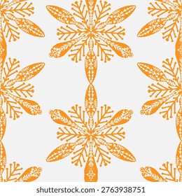 Seamless ornamental pattern in hand drawn textured style. Symmetrical decorative design with vintage feel. Perfect for textile, wallpaper, packaging, branding and surface design.