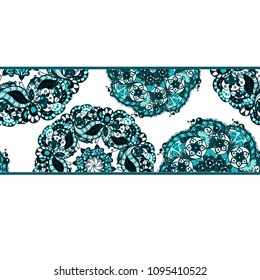 Seamless ornamental pattern horizontal line with blue circle pattern elements in lace style in graphic vector design