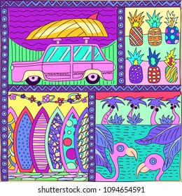 Seamless ornamental pattern. Illustration collage for hawaiian, tropical, recreation, touristic and beach swiming topics.