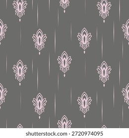 Patrón ornamental sin fisuras inspirado en motivos art deco en rosa suave sobre fondo gris. Ideal para estampado textil, Fondo de pantalla, diseño de telas, decoración de interiores y superficies decorativas.