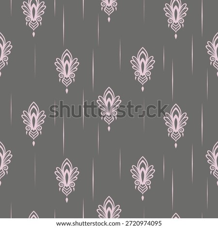 Seamless ornamental pattern inspired by art deco motifs in soft pink on gray background. Ideal for textile printing, wallpaper, fabric design, interior decoration, and decorative surfaces.