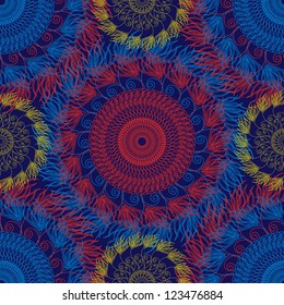 Seamless ornamental pattern, kaleidoscopic pattern with many details. Vector illustration.