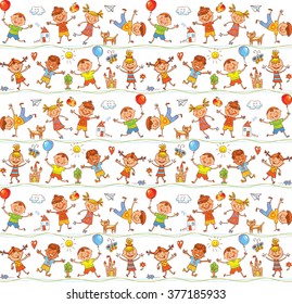 Seamless ornamental pattern for kids, web sites, textile industry, magazines. In the style of children's drawings. Freehand drawing. Vector illustration. Isolated on white background