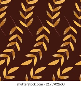 Seamless ornamental pattern with leaves. Vector hand drawn botanical textile print. Background with golden branches with leaves. Autumn decorative pattern