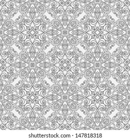 Seamless ornamental pattern with many details and calligraphic elements. Vector illustration. 