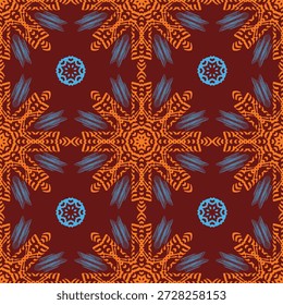 Un patrón ornamental sin fisuras con motivos de estrellas tribales naranjas y acentos azules sobre un fondo rojo profundo. Conveniente para los Fondos de pantalla, los textiles, la tapicería, el empaquetado, los carteles, y el diseño superficial decorativo.