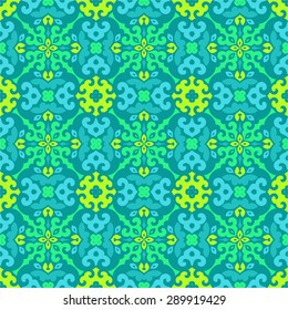 Seamless ornamental pattern in oriental style. Mandala elements. Islam, Arabic, Asian motifs. Blue and green colors