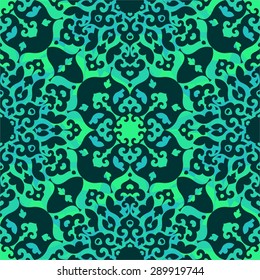 Seamless ornamental pattern in oriental style. Mandala elements with polygonal texture. Islam, Arabic, Asian motifs. Blue and green colors