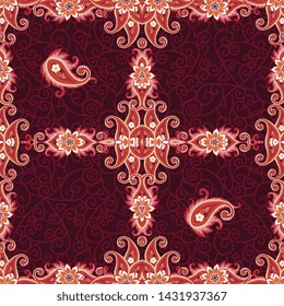 Seamless ornamental pattern with ornate frame and red paisley on dark lace background. Tapestry, print for fabric. Ethnic style. Indian, damask, turkish motifs.