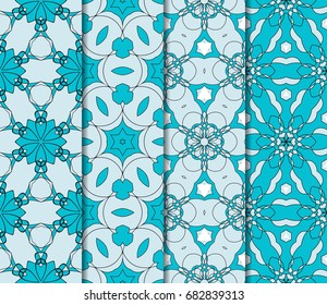 seamless ornamental pattern set. Floral geometric style. Vector illustration. For interior design, fabric print, page fill, wallpaper, textile. blue color