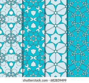 seamless ornamental pattern set. Floral geometric style. Vector illustration. For interior design, fabric print, page fill, wallpaper, textile. blue color