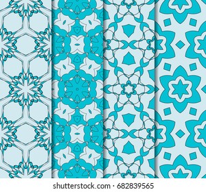 seamless ornamental pattern set. Floral geometric style. Vector illustration. For interior design, fabric print, page fill, wallpaper, textile. blue color