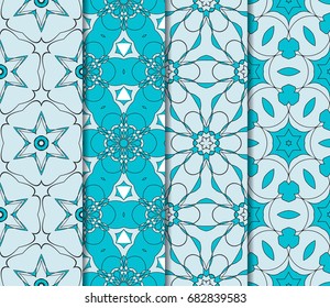 seamless ornamental pattern set. Floral geometric style. Vector illustration. For interior design, fabric print, page fill, wallpaper, textile. blue color