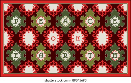 seamless ornamental pattern with shapes similar to Christmas ornaments and holiday greeting:"Peace on Earth"