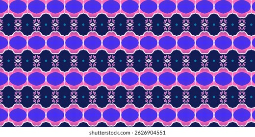 Un estampado ornamental sin fisuras con suaves tonos rosa y azul eléctrico, creando un look elegante y sofisticado.