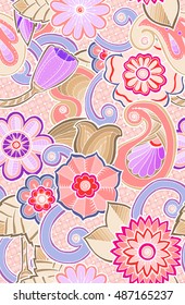 Seamless ornamental pattern with stylized tulip flowers and tribal paisley. Ethnic floral design template can be used for wallpaper, pattern fills, textile, fabric, wrapping, surface textures