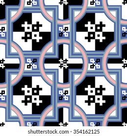 Seamless ornamental pattern vector. Black and white chess cage in colorful vector  pattern.