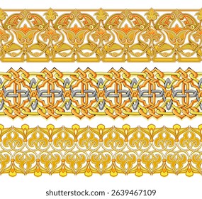 Seamless ornamental patterns. Set of golden ribbons with ancient Arabic decoration. Medieval vintage drawing for design, fabric, tiles, embroidery, wallpaper. Flat vector illustration.
