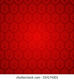 Seamless ornamental red pattern. Background with decor damask elements and hearts