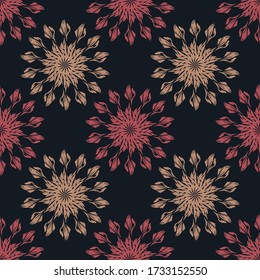 patrón de repetición ornamental sin fisuras. elementos decorativos coloridos. fondo oscuro. ilustración vectorial