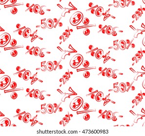 Seamless ornamental sale pattern with falling percents of discounts in red color on white background. Vector illustration