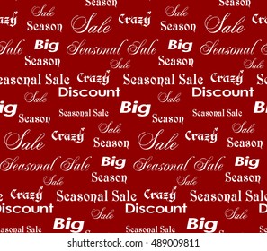 Seamless ornamental sale pattern with writing of seasonal sale and discounts in red and white. Vector illustration