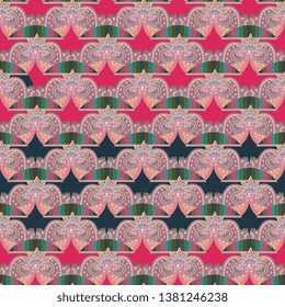 Seamless ornamental scales pattern with stylized crowns, stripes and abstract little flowers. Print for fabric. Asian motifs.