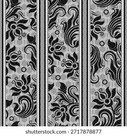 Seamless ornamental striped pattern with abstract floral elements and geometric hexagon background in black, white and gray colors. Modern decorative repeating design suitable for textile, fabric, wallpaper, wrapping paper, packaging, branding, surface design and web backgrounds. Repeating pattern. Vector illustration.