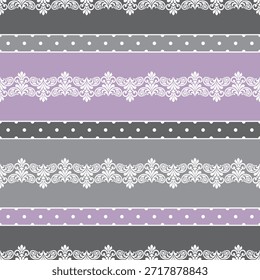 Patrón de rayas ornamentales sin costuras con bordes de damasco y Elementos de lunares en colores pastel gris suave y lavanda. Fondo decorativo de Antiguas adecuado para textiles, telas, papel de embalaje, scrapbooking, papelería, diseño de bodas, Fondos de pantalla y diseño de superficies. Patrón de repetición. Ilustración vectorial.