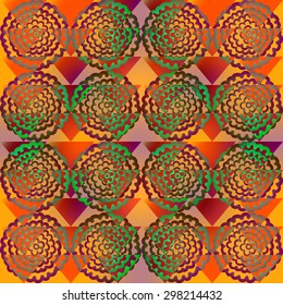 Seamless ornamental texture of endless round color spots on orange triangles background.